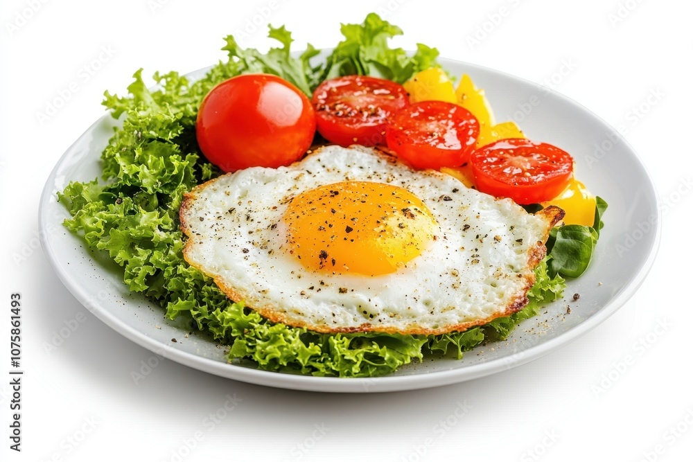 A fried egg with fresh lettuce, tomatoes and pepper. A fried egg with fresh lettuce, tomatoes and pepper.