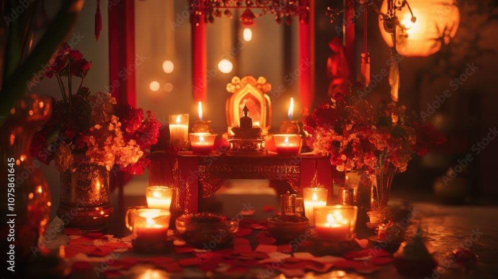 A beautifully decorated shrine altar covered with red envelopes, A beautifully decorated shrine altar covered with red envelopes,
