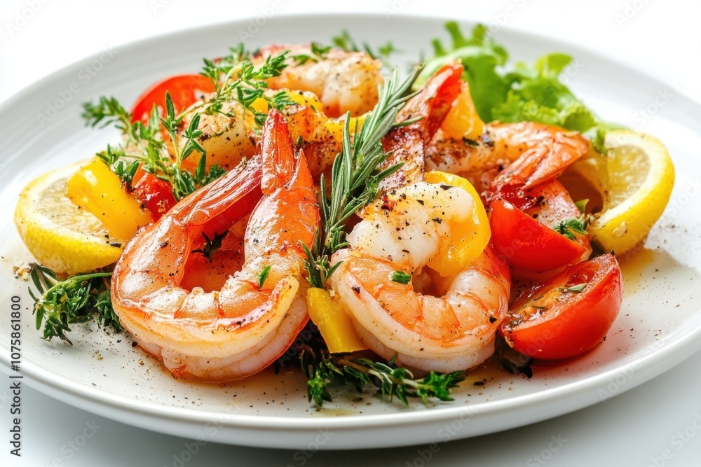 A plate of cooked shrimp, tomatoes, lemon wedges, and herbs on a white background. A plate of cooked shrimp, tomatoes, lemon wedges, and herbs on a white background.