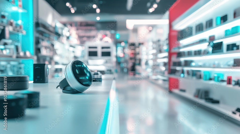 A brightly lit electronics store featuring a smart home section A brightly lit electronics store featuring a smart home section