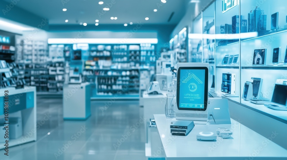 A brightly lit electronics store featuring a smart home section A brightly lit electronics store featuring a smart home section