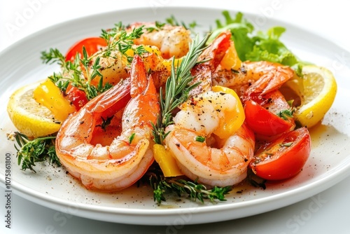 A plate of cooked shrimp, tomatoes, lemon wedges, and herbs on a white background.