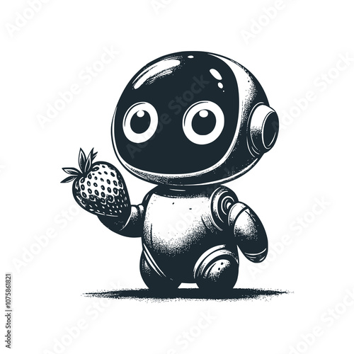 Cute Robot holding strawberry. Black white vector illustration.