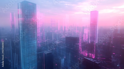 A futuristic cityscape with glowing skyscrapers and digital elements, evoking a high-tech environment.