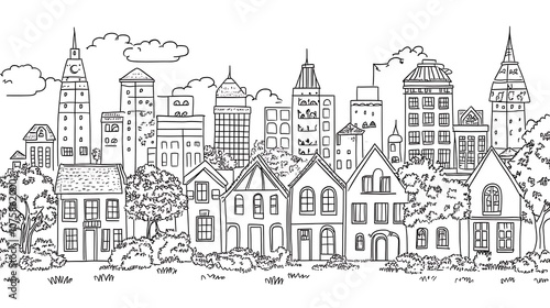 Wallpaper Mural A black and white illustration of a city skyline with various buildings and trees. Torontodigital.ca