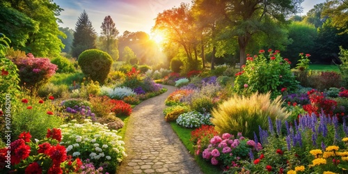 Captivating Scene of a Lush Garden with Vivid Flowers and a Serene Pathway Perfect for Relaxation and Tranquility in Nature’s Embrace