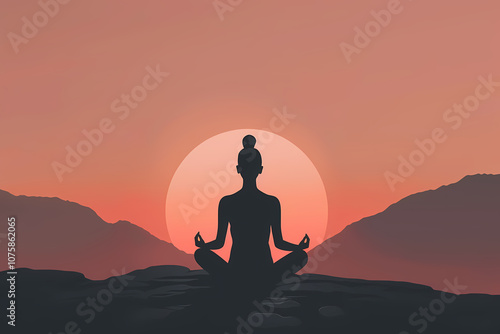 Silhouette of a woman meditating at sunset, surrounded by mountains, evoking serenity and mindfulness.