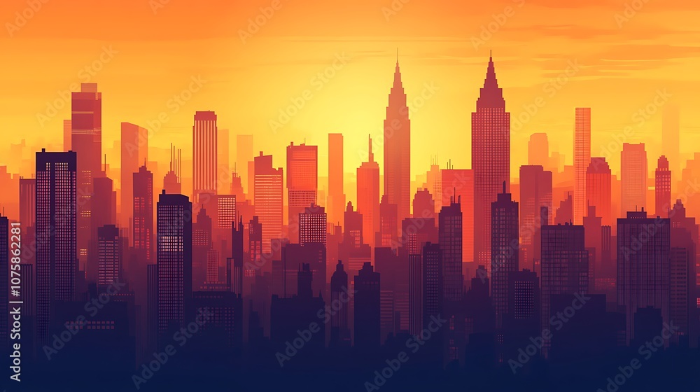 A vibrant city skyline at sunset, showcasing silhouettes of buildings against a colorful sky. A vibrant city skyline at sunset, showcasing silhouettes of buildings against a colorful sky.
