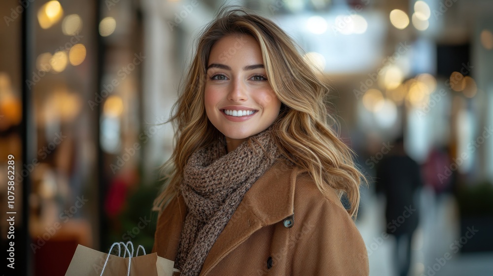 A cheerful young woman with curly hair smiles warmly while holding shopping bags in a stylish, modern shopping area. A cheerful young woman with curly hair smiles warmly while holding shopping bags in a stylish, modern shopping area.