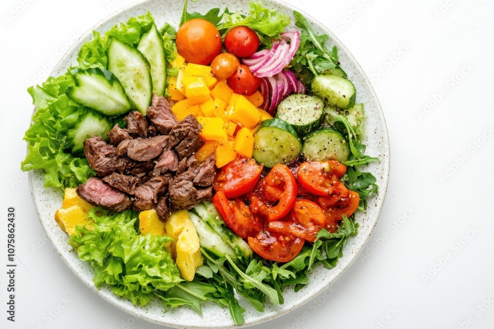A plate of salad with steak, tomatoes, cucumbers, bell peppers and red onion. A plate of salad with steak, tomatoes, cucumbers, bell peppers and red onion.