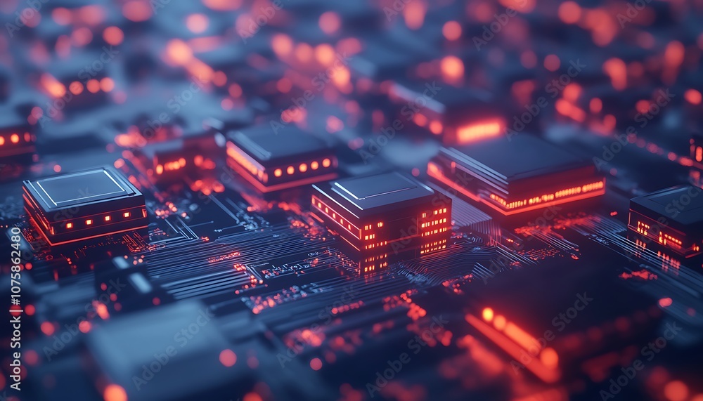 A close-up view of illuminated microchips and circuitry on a circuit board, showcasing a futuristic technology aesthetic. A close-up view of illuminated microchips and circuitry on a circuit board, showcasing a futuristic technology aesthetic.