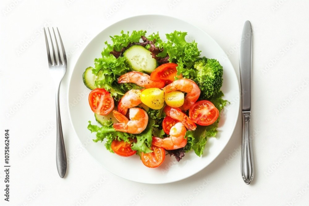 A plate of shrimp salad with fresh vegetables, including lettuce, cucumbers, tomatoes and broccoli. A plate of shrimp salad with fresh vegetables, including lettuce, cucumbers, tomatoes and broccoli.