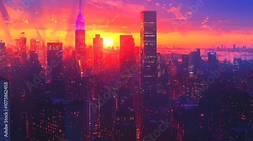 A vibrant city skyline at sunset, showcasing towering buildings and a colorful sky.