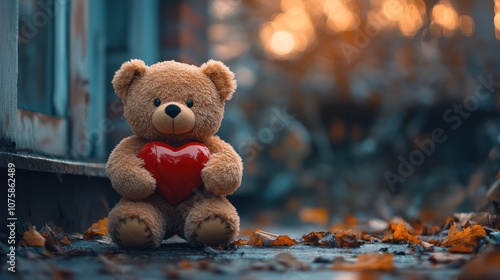 A brown teddy bear sits on a porch with a red heart in its arms, surrounded by fallen autumn leaves.