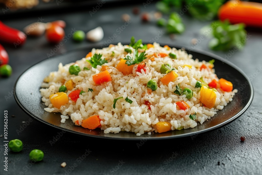 A plate of white rice with peas, carrots, and parsley on a black surface. A plate of white rice with peas, carrots, and parsley on a black surface.