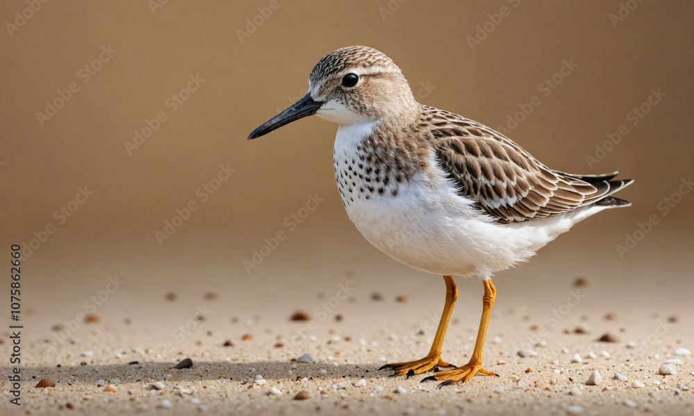 A small sandpiper stands on a sandy beach, its brown and white plumage blending in with the surroundings