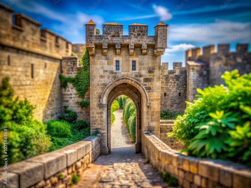Obraz premium Captivating Tilt-Shift Photography of an Architectural Gate in a Medieval Fortress Surrounded by Lush Greenery and Stone Walls, Evoking a Sense of Timeless History and Adventure