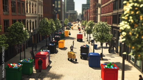 A cityscape with multiple recycling bins placed along the streets, photo