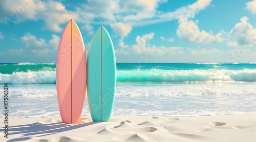 Pastel surfboards on sunny beach with ocean waves and blue skies