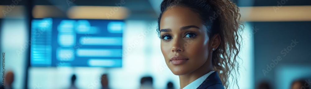A focused woman in a professional setting, with curly hair and a confident expression, stands in front of digital screens, suggesting a busy environment. A focused woman in a professional setting, with curly hair and a confident expression, stands in front of digital screens, suggesting a busy environment.