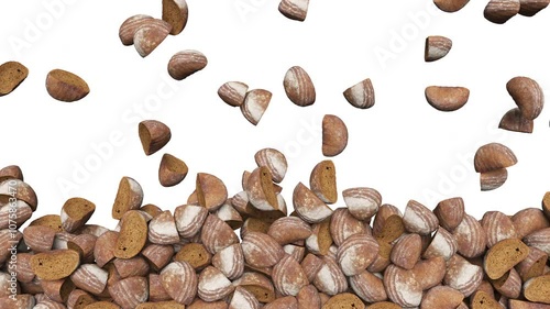 Full frame of falling fresh crusts of unleavened bread on white background. 3d rendering animation. Luma Matte included.