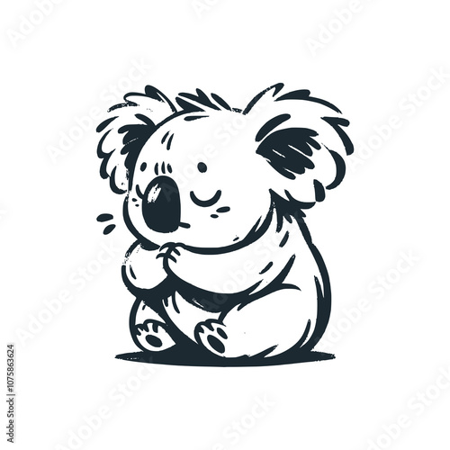 Koala cupped both hands. Black white vector illustration.