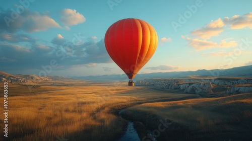 Red hot air balloon flying over a landscape with a river.