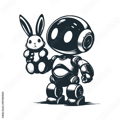 Cute robot holding a rabbit doll. Black white vector illustration.