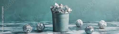 A rustic metal bucket holds flowers, surrounded by decorative elements on a textured surface, creating a serene and artistic ambiance.