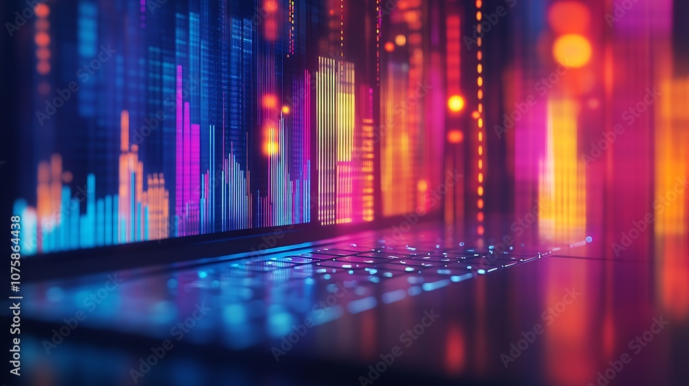 A vibrant digital display on a laptop showcasing data visualization with colorful bars and lights. A vibrant digital display on a laptop showcasing data visualization with colorful bars and lights.
