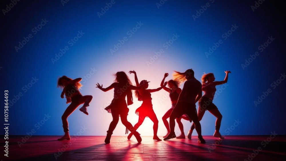 Fototapeta premium Silhouettes of street dance hip hop dancers in dynamic poses against a vibrant background, background, street dance