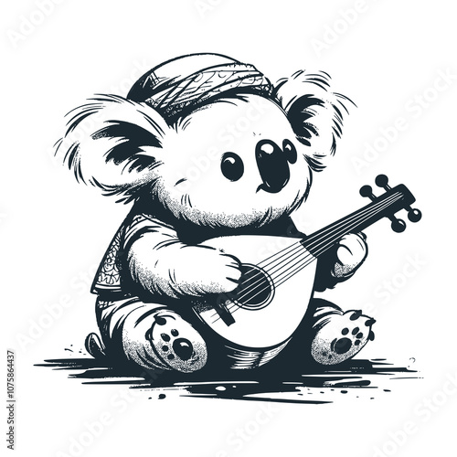 Koala wearing a headband and vest playing oud arabic guitar. Black white vector illustration.