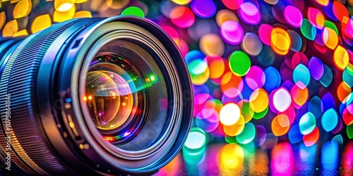 Close-Up Macro of a Camera Lens Illuminated by Neon Lights Against a Colorful Bokeh Background, Perfect for Photography Enthusiasts and Tech Lovers photo