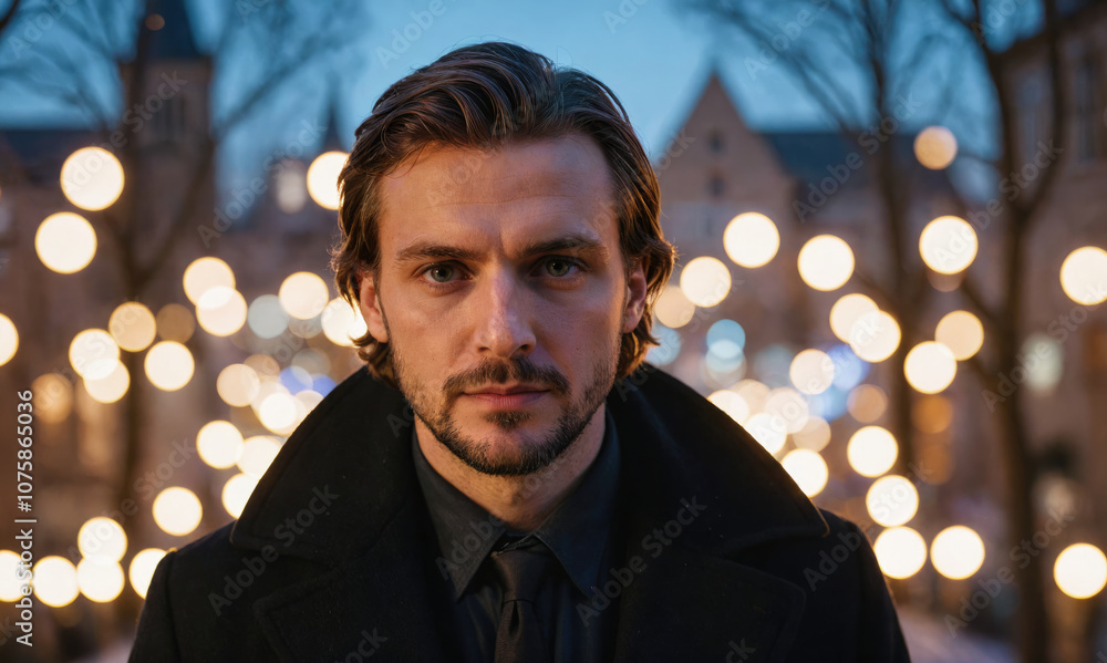 A man stands in a city street at night, with blurry lights behind him A man stands in a city street at night, with blurry lights behind him