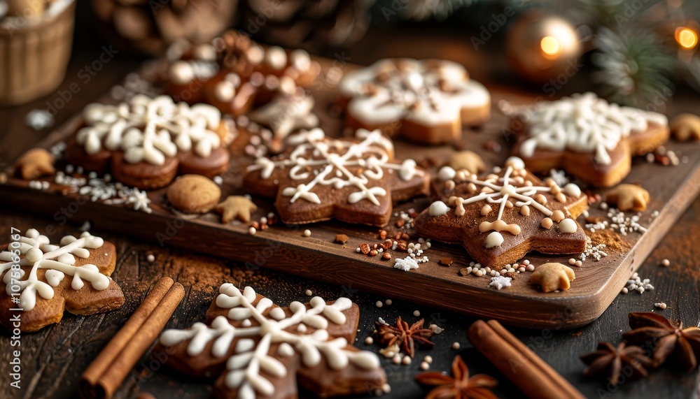 Homemade gingerbread cookies decorated with white icing and sprinkles on a wooden board with cinnamon sticks and star anise. Homemade gingerbread cookies decorated with white icing and sprinkles on a wooden board with cinnamon sticks and star anise.