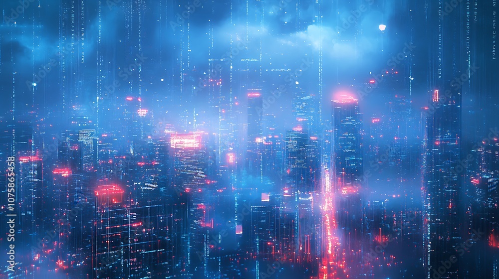 A futuristic cityscape with neon lights and digital rain, evoking a cyberpunk atmosphere. A futuristic cityscape with neon lights and digital rain, evoking a cyberpunk atmosphere.