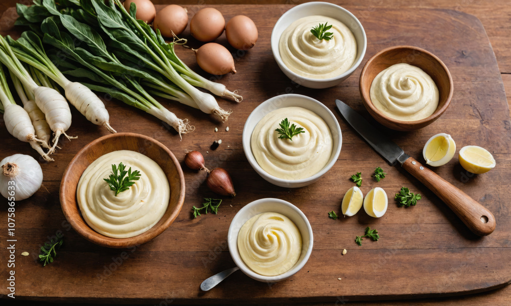 A wooden board with bowls of aioli, garnished with parsley, lemons, and onions A wooden board with bowls of aioli, garnished with parsley, lemons, and onions