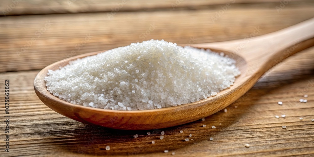 Close up of granulated sugar on a wooden spoon, sweet, ingredient, white, unhealthy, sweetener, kitchen, cooking, baking Close up of granulated sugar on a wooden spoon, sweet, ingredient, white, unhealthy, sweetener, kitchen, cooking, baking