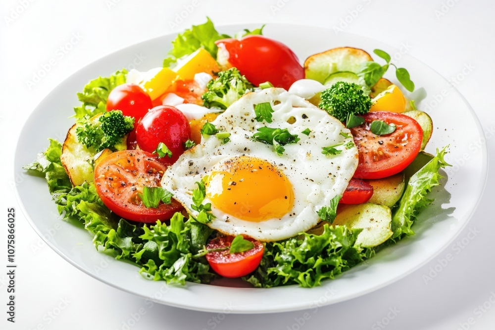 A white plate filled with a healthy salad with a fried egg in the center. A white plate filled with a healthy salad with a fried egg in the center.