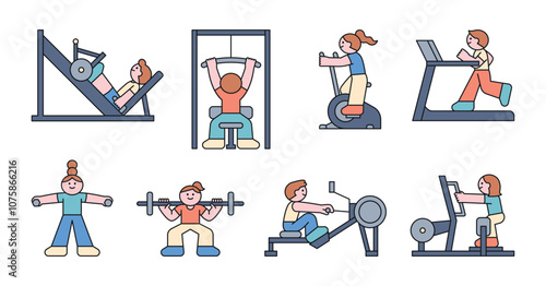 People exercising using various exercise equipment at the gym. Cuttiny character with outline.