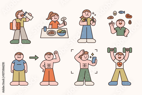 Characters exercising. Protein, change, and photo records. Cuttiny character with outline.