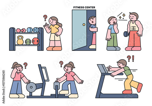 Beginners who are new to the gym. They don't know how to use the exercise equipment. Cuttiny character with outline.