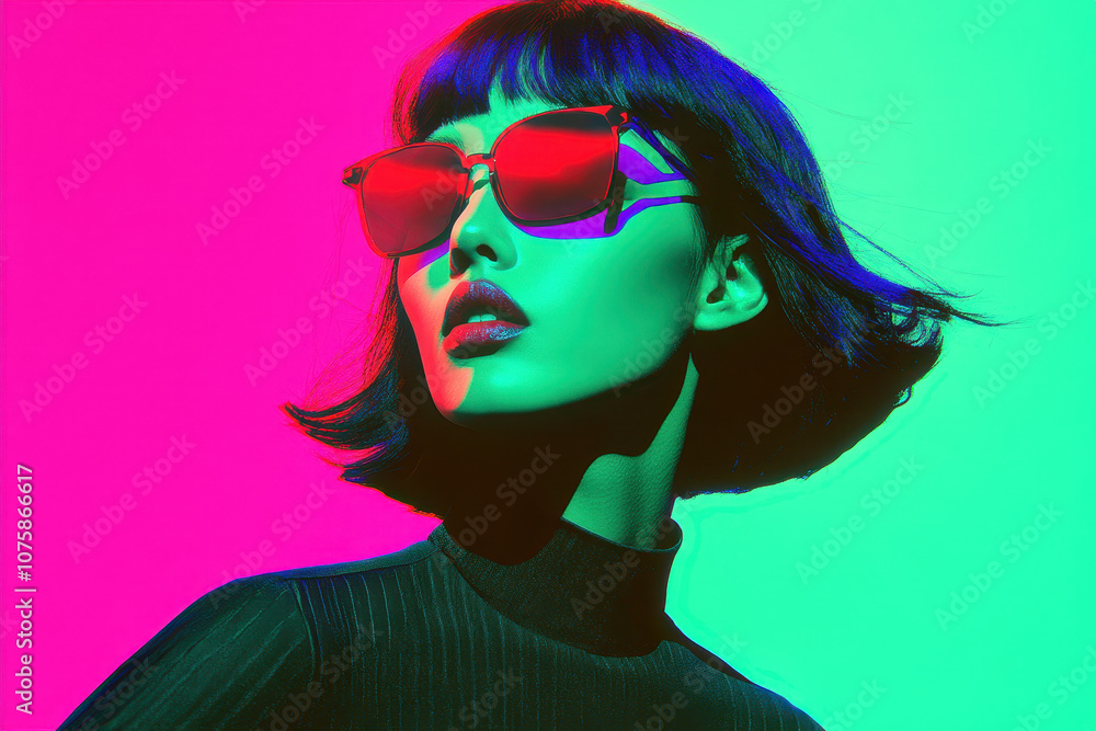 Vibrant futuristic portrait of a woman in sunglasses with neon colors Vibrant futuristic portrait of a woman in sunglasses with neon colors
