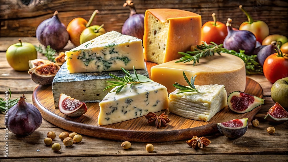 A rustic wooden platter showcasing an assortment of artisanal cheeses, adorned with fresh figs, rosemary sprigs, and star anise, creating a symphony of flavors and textures. A rustic wooden platter showcasing an assortment of artisanal cheeses, adorned with fresh figs, rosemary sprigs, and star anise, creating a symphony of flavors and textures.