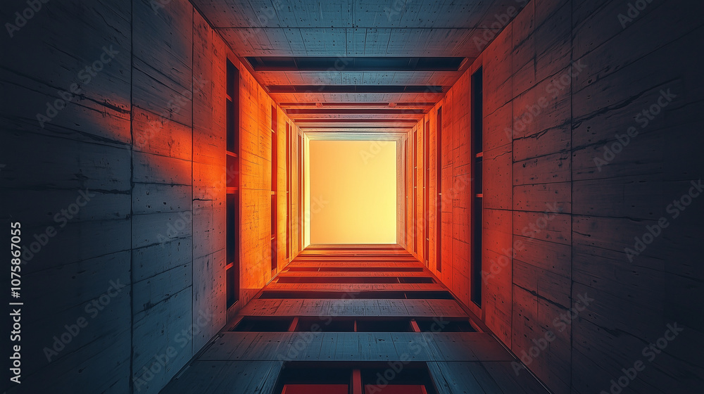 Abstract architectural view of a square building interior with vibrant warm and cool lighting tones creating a tunnel effect Abstract architectural view of a square building interior with vibrant warm and cool lighting tones creating a tunnel effect