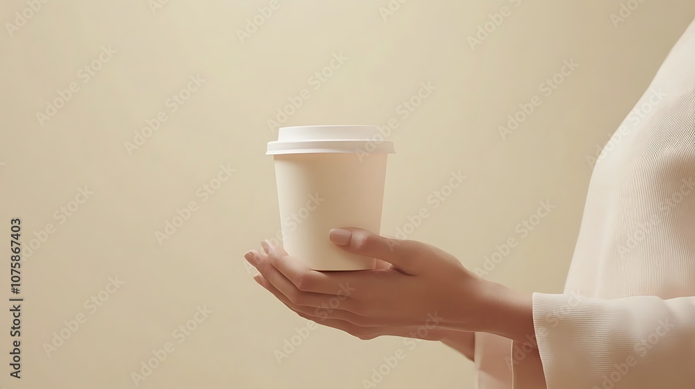 A person holding a plain coffee cup against a soft background. A person holding a plain coffee cup against a soft background.