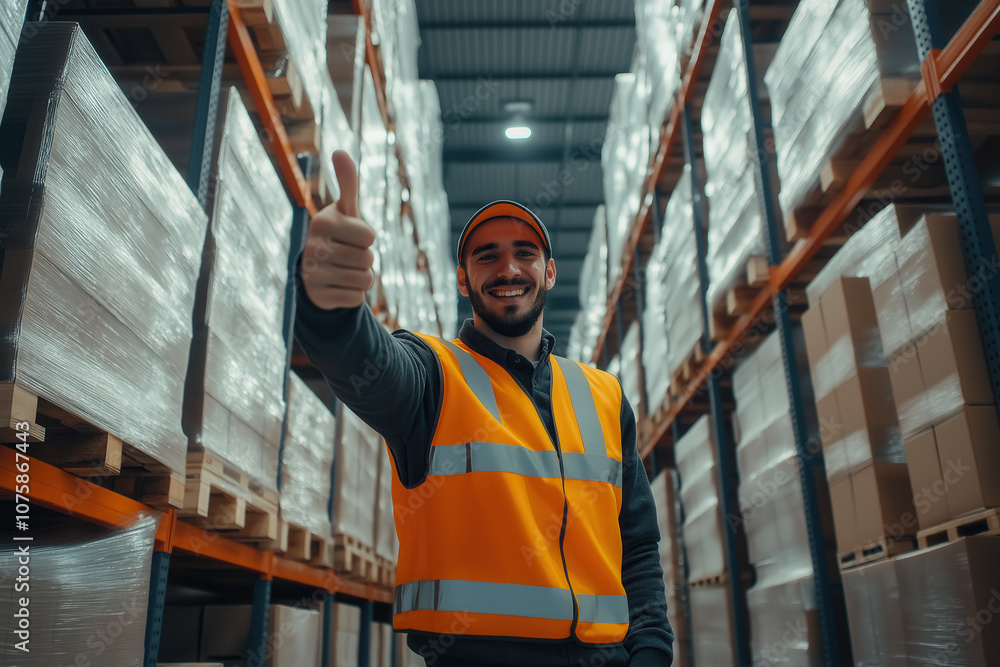 Warehouse worker giving thumbs up in safety vest for successful inventory management Warehouse worker giving thumbs up in safety vest for successful inventory management