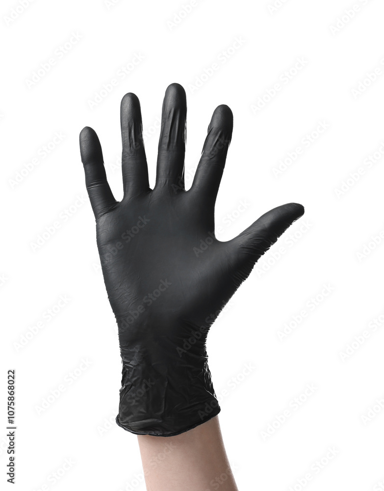 Man wearing black latex glove on white background, closeup Man wearing black latex glove on white background, closeup
