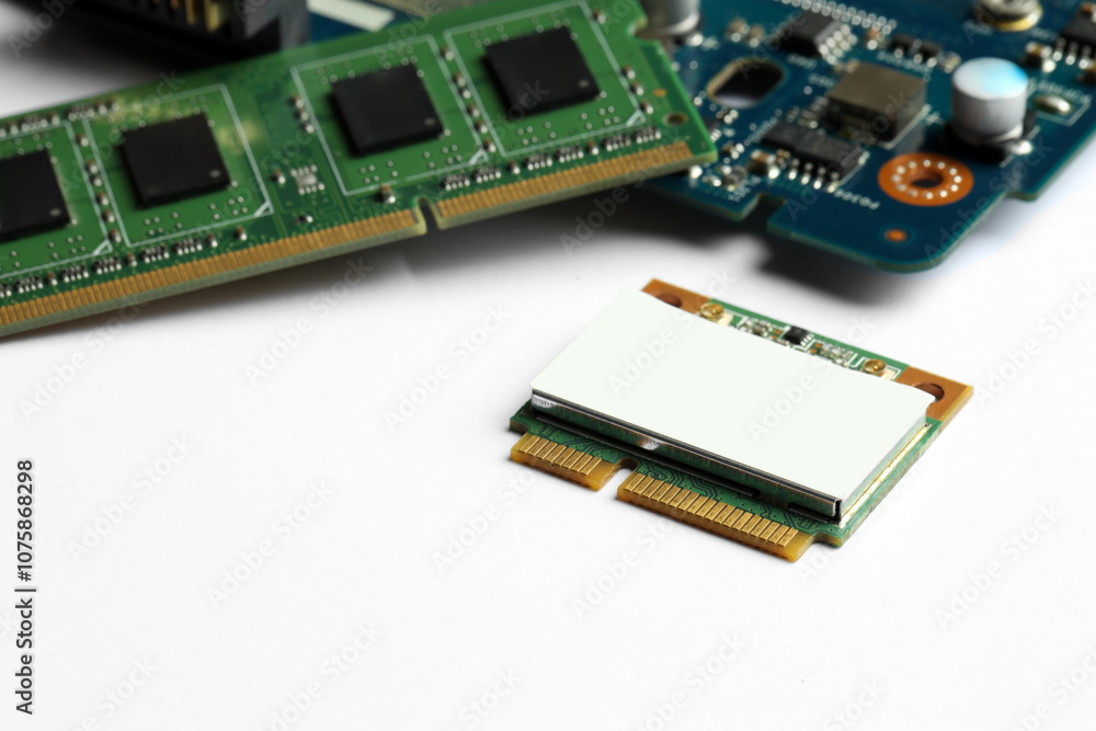 Wi-Fi card, RAM chip and computer circuit board isolated on white. Electronic engineering Wi-Fi card, RAM chip and computer circuit board isolated on white. Electronic engineering