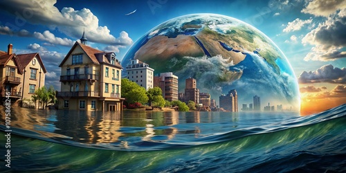 Conceptual 3D Render of Earth Submerged Under Rising Sea Levels, Depicting the Impact of Climate Change on Coastal Cities and Ecosystems